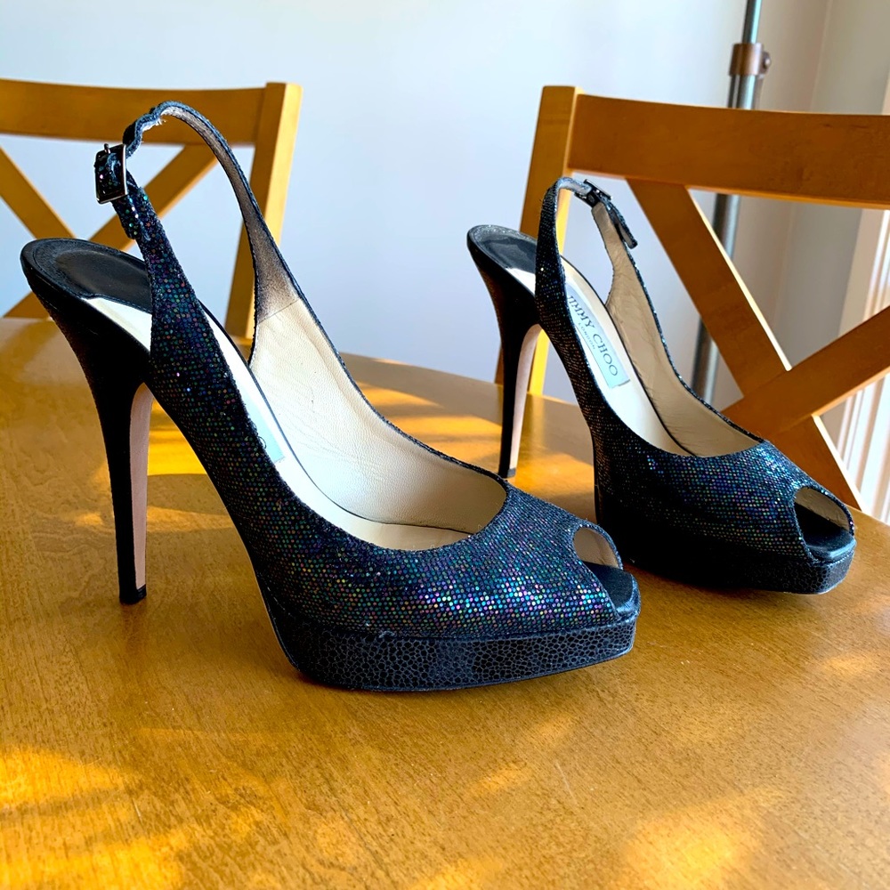 SEXY 🖤 Jimmy Choo Platform Black Iridescent Sequin Snakeprint Leather Heels 7